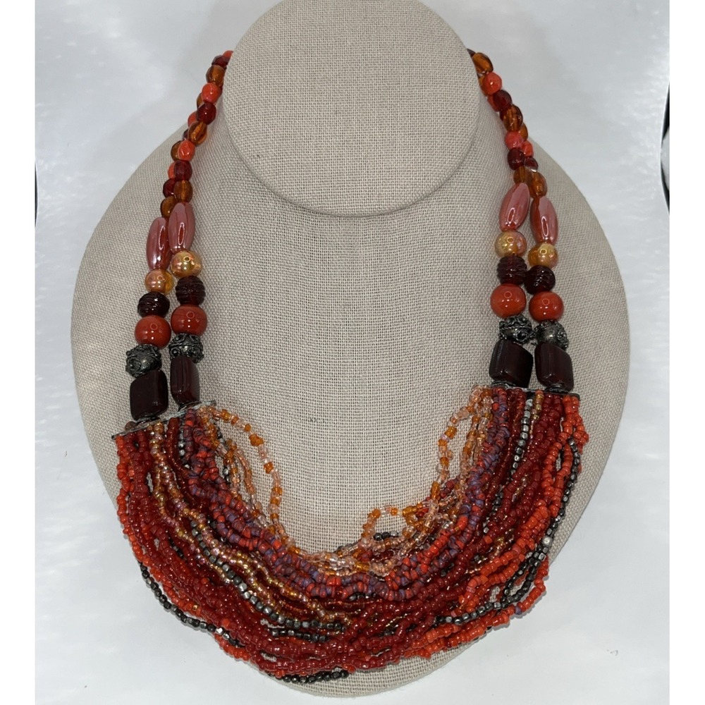 Boho Multi strand glass bead statement necklace amber rust brown waterfall layer